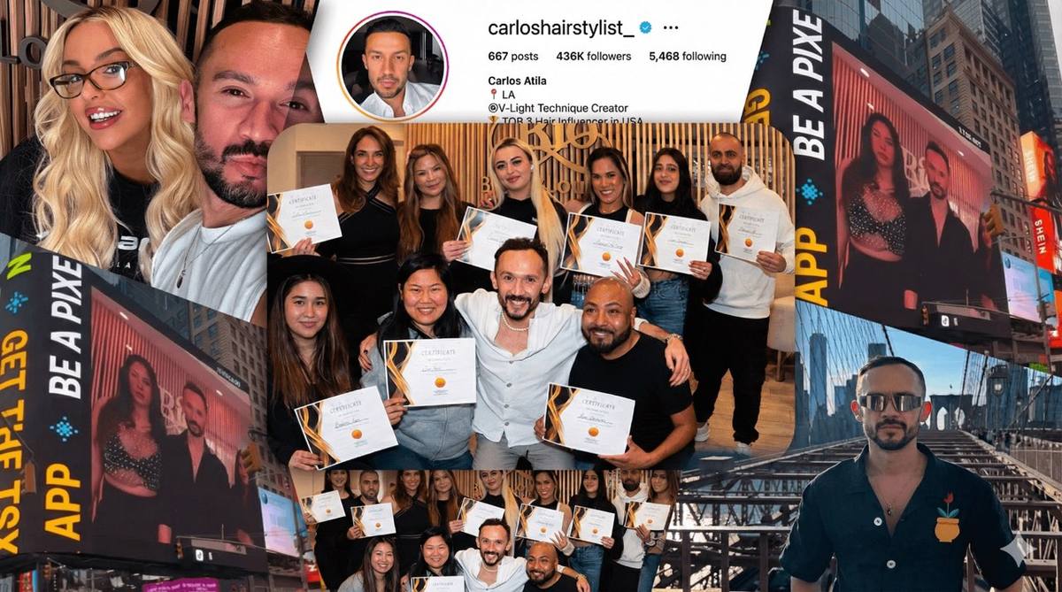 Carlos Atila, 436K followers, V-Light certified stylists, featured on Times Square billboards